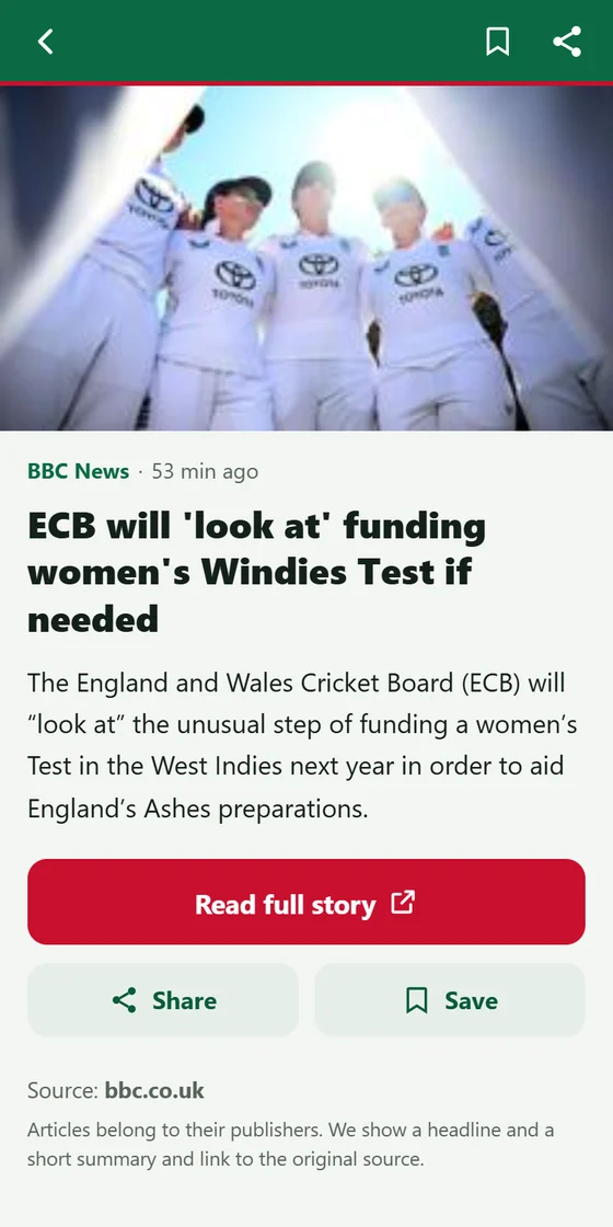 Article screen with summary, source and Read full story button