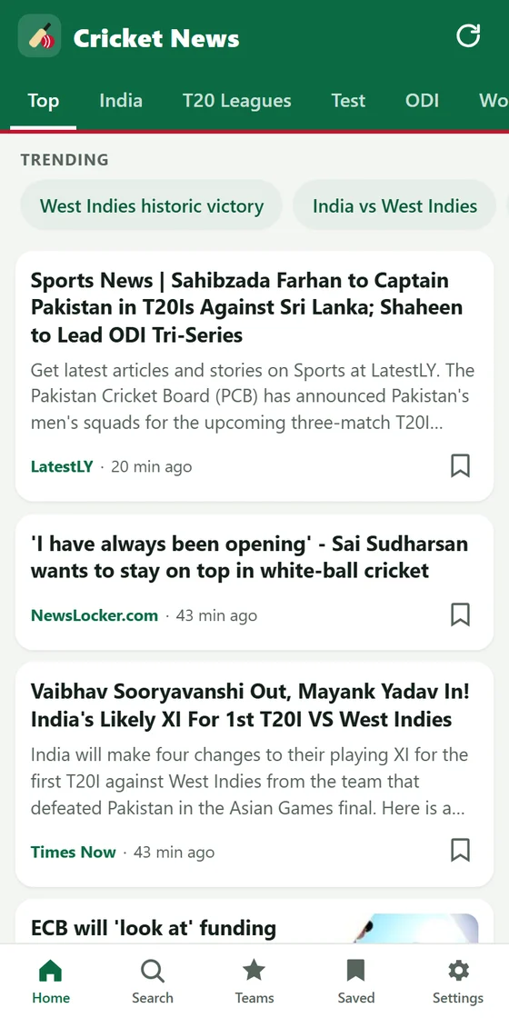 Cricket News app: top stories feed with trending topics
