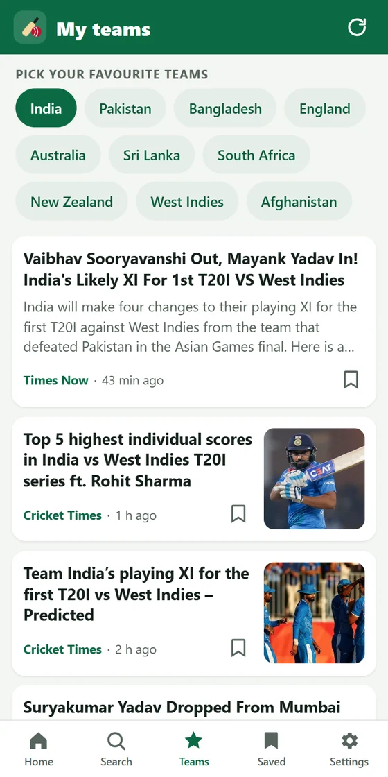 My teams screen with India, Pakistan and Bangladesh selected